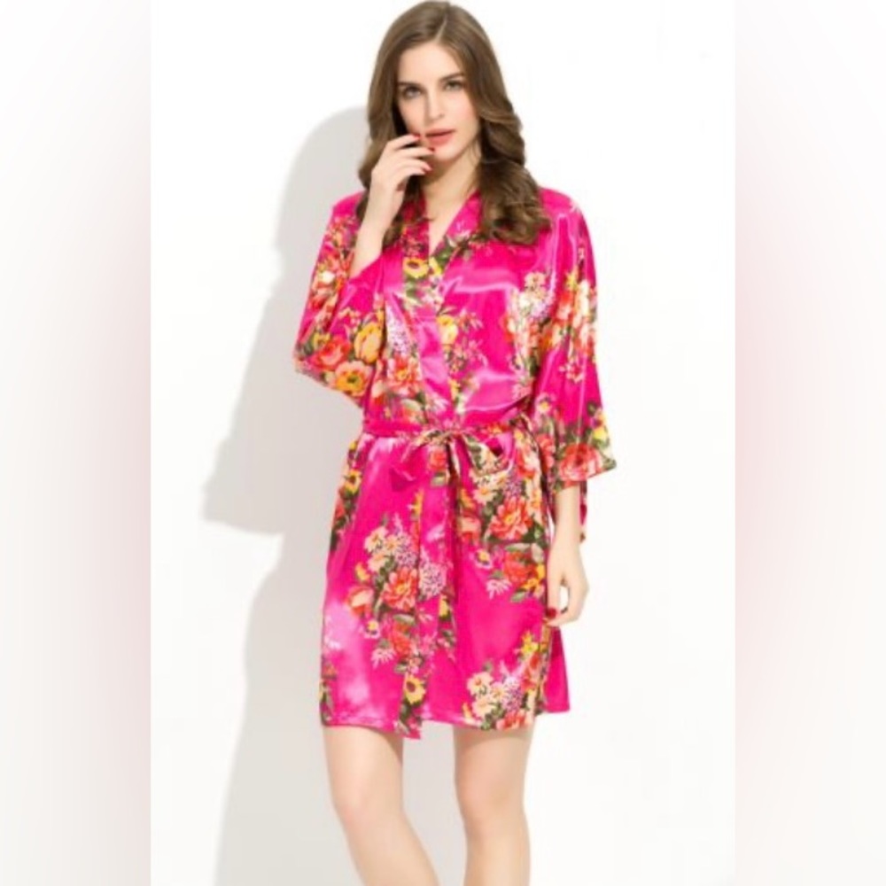 Ms Lovely Hot Pink Baroque Floral Satin Kimono Short Robe